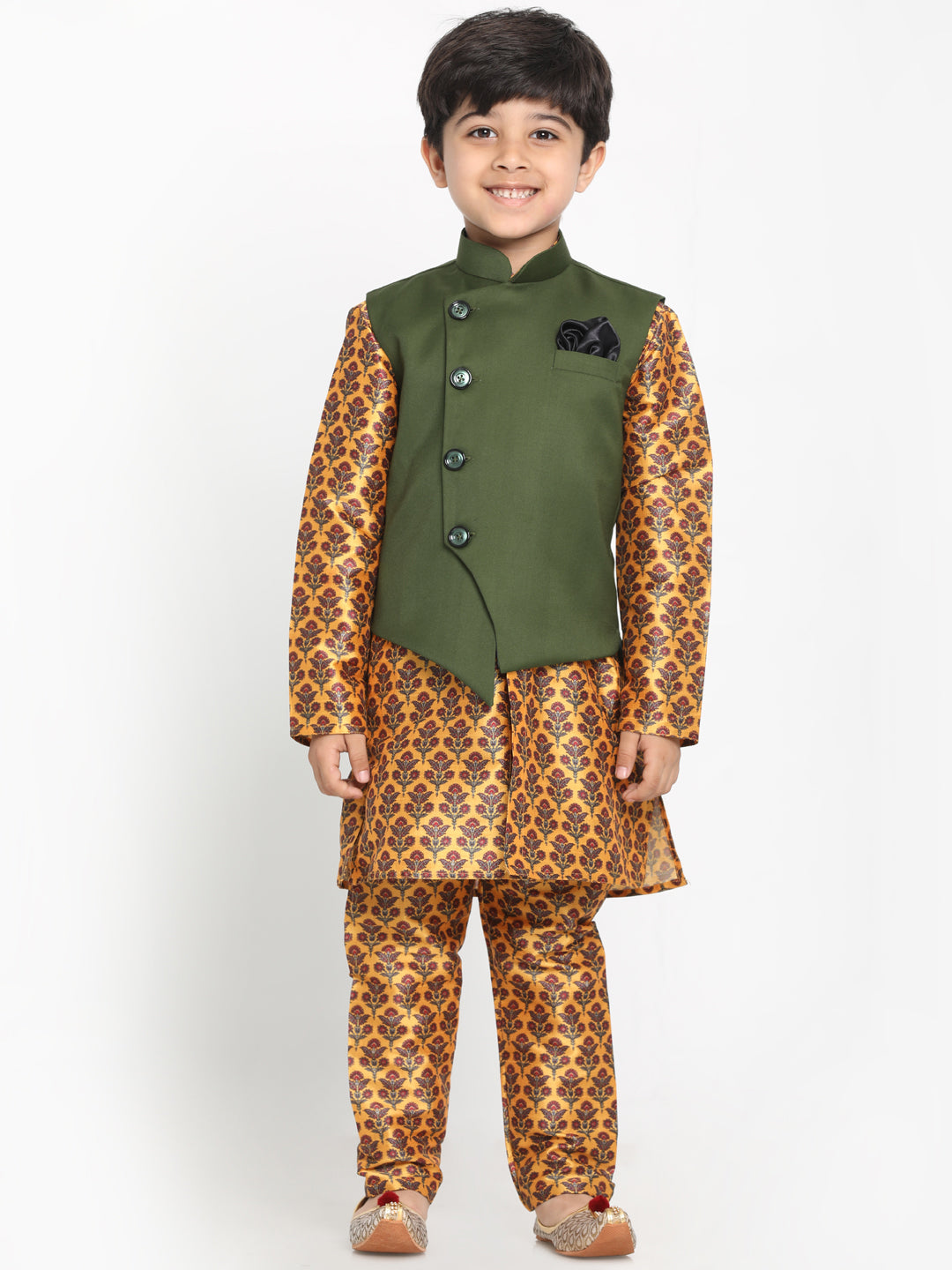 Boy's Multicolor Base Yellow Silk Blend Jacket, Kurta And Pyjama Set - JBN Creation