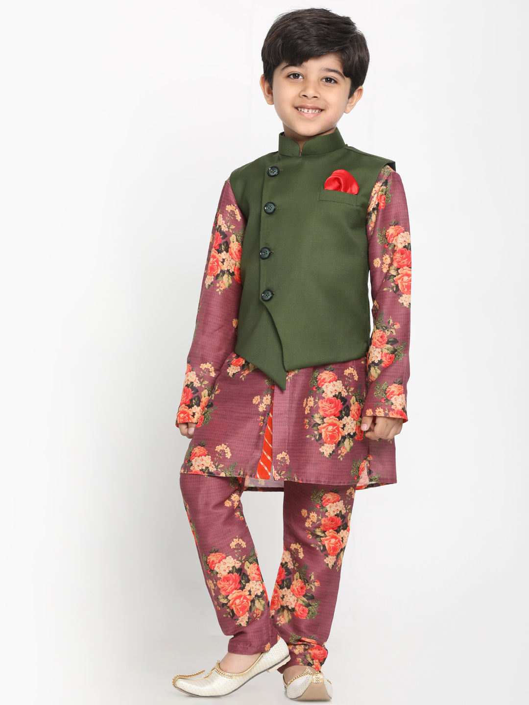 Boy's Multicolor Base Wine Cotton Blend Jacket, Kurta And Pyjama Set - JBN Creation