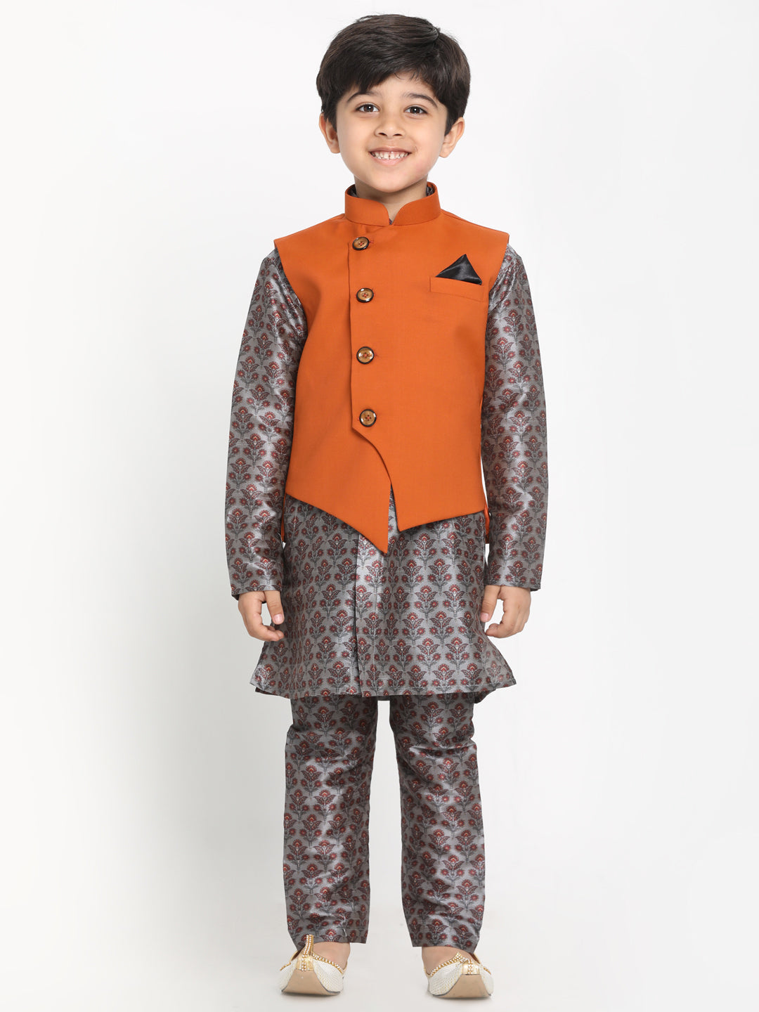 Boy's Multicolor Base Grey Silk Blend Jacket, Kurta And Pyjama Set - JBN Creation