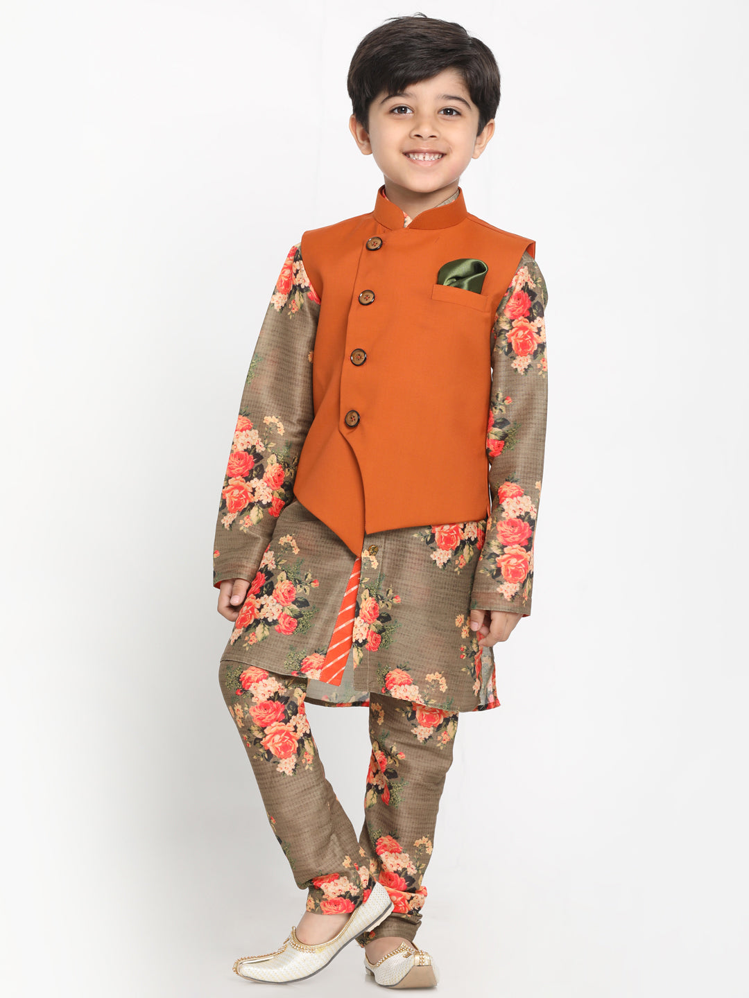 Boy's Multicolor Base Brown Cotton Blend Jacket, Kurta And Pyjama Set - JBN Creation