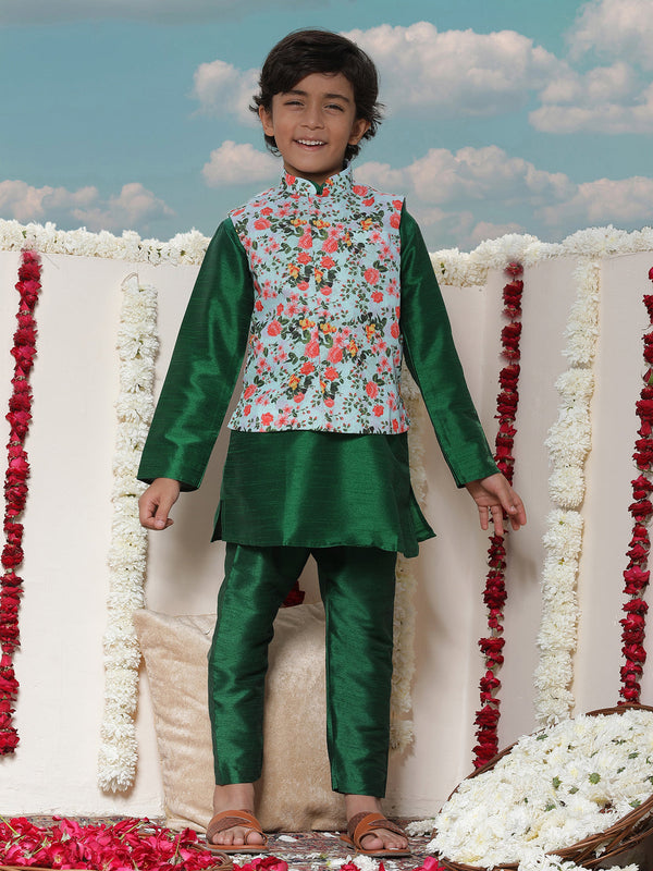 Jashvi Boy's Aqua Floral Printed Nehru Jacket With Green Kurta And Pyjama Set