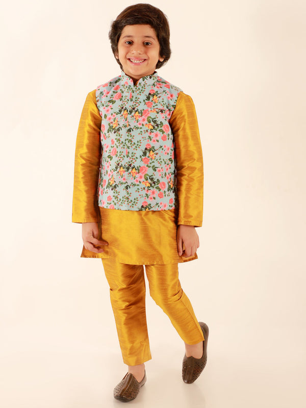 Jashvi Boy's Aqua Floral Printed Nehru Jacket With Mustard Kurta And Pyjama Set