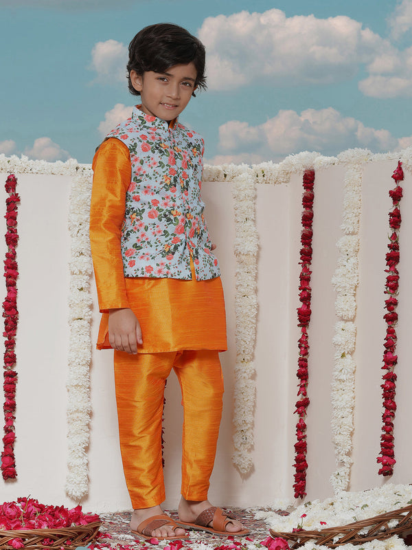 Jashvi Boy's Aqua Floral Printed Nehru Jacket With Orange Kurta And Pyjama Set