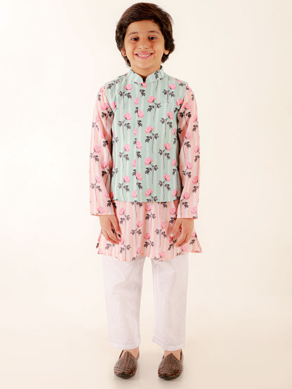 Jashvi Boys' Green Jacket with Peach Floral Print Kurta And White Pyjama Set