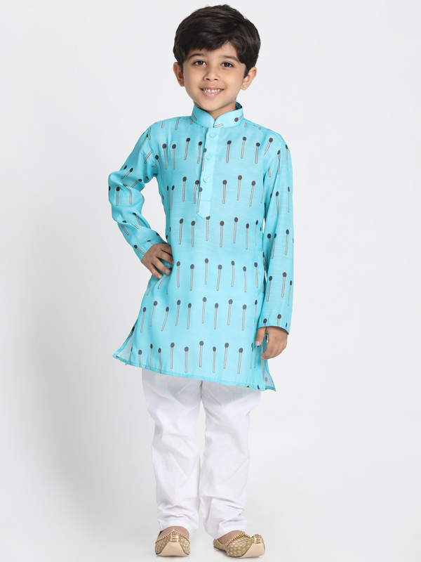 Jashvi Boys' Light Blue Cotton Blend Kurta and Pyjama Set