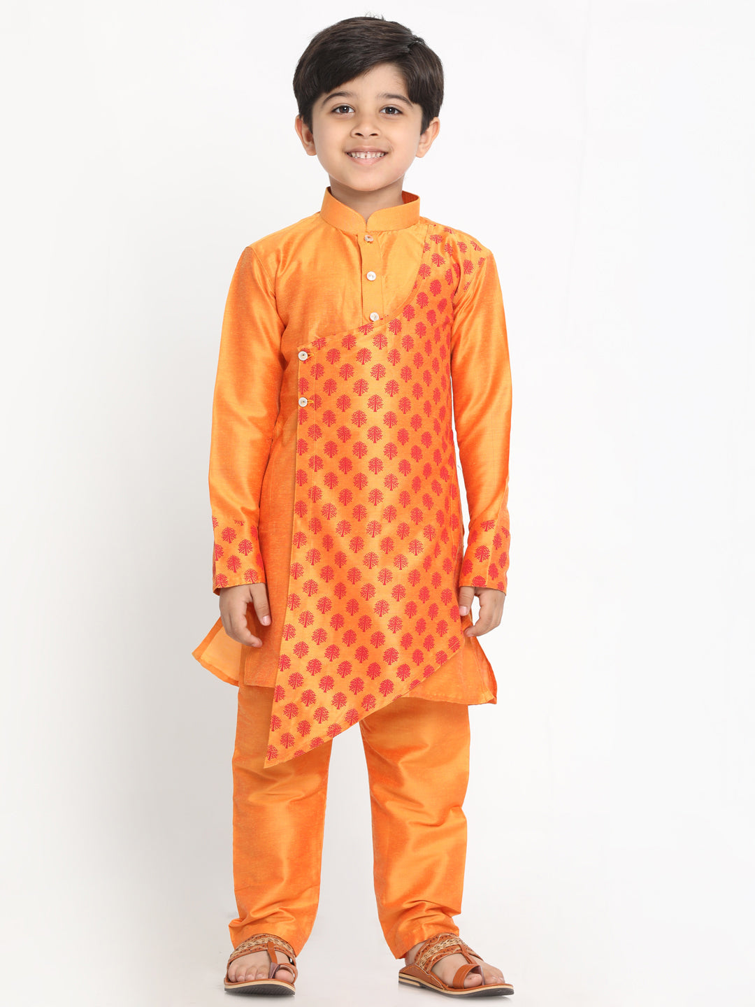 Boy's Orange Cotton Blend Kurta Pyjama Set - JBN Creation