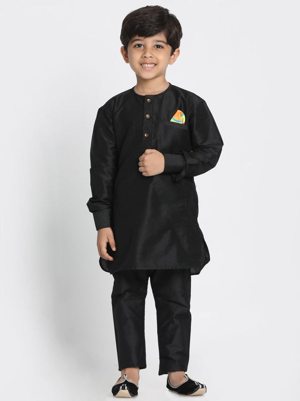 Boys' Black Cotton Silk Blend Kurta and Pyjama Set