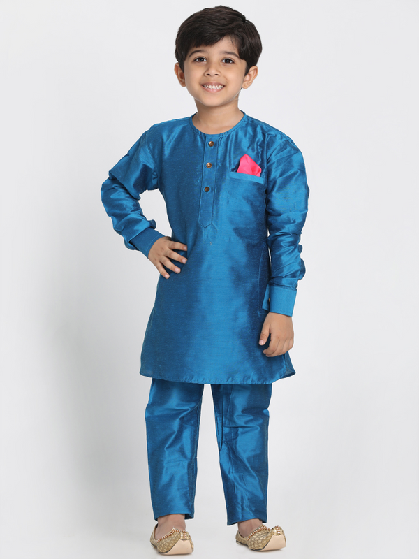 Jashvi Boys' Light Blue Cotton Silk Blend Kurta and Pyjama Set