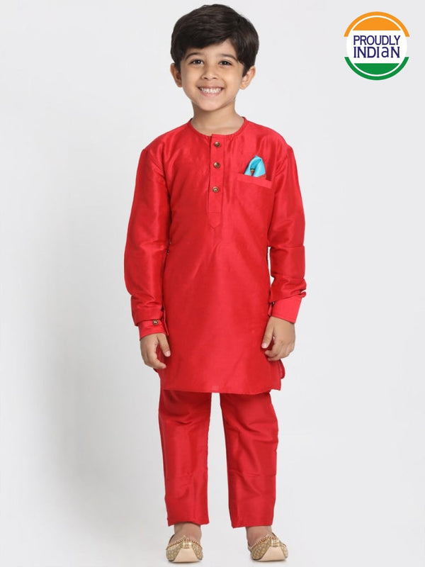 Jashvi Boys' Red Cotton Silk Blend Kurta and Pyjama Set