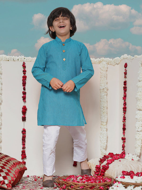 Jashvi Boy's Aqua Blue Cotton Kurta and Pyjama Set