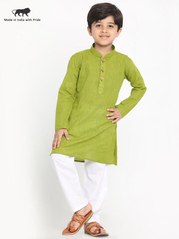 Jashvi Boys' Teal Green and White Handloom Pure Cotton Kurta and Pyjama Set