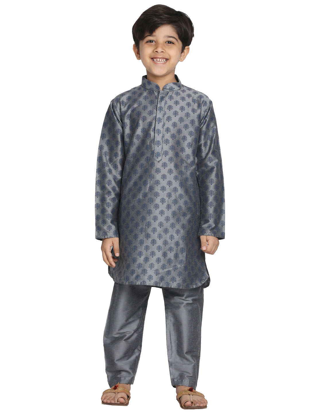 Boy's Grey Cotton Blend Kurta Pyjama Set - JBN Creation