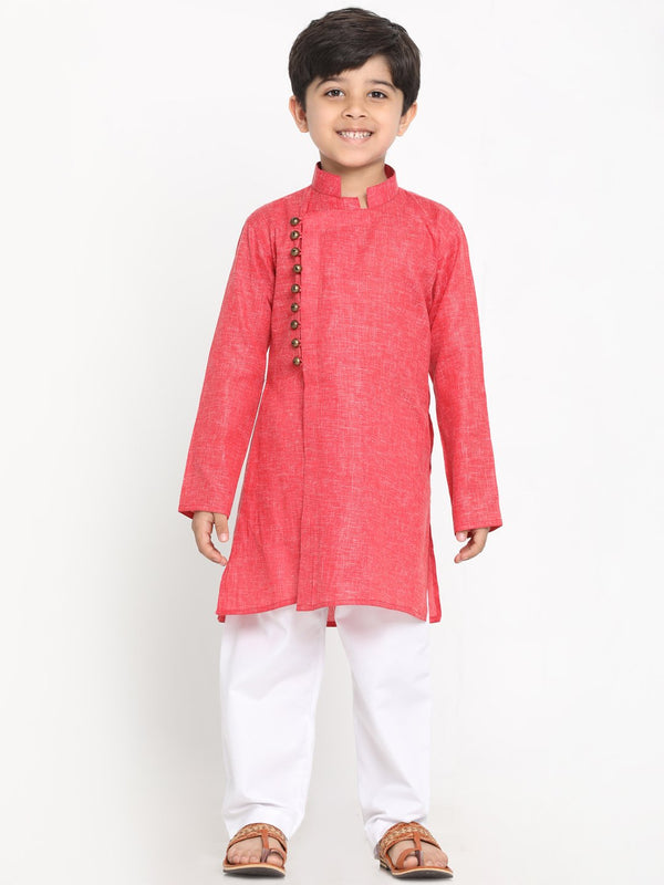 Jashvi Boys' Red Cotton Blend Kurta and Pyjama Set