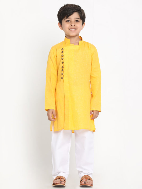 Jashvi Boys' Yellow Cotton Blend Kurta and Pyjama Set