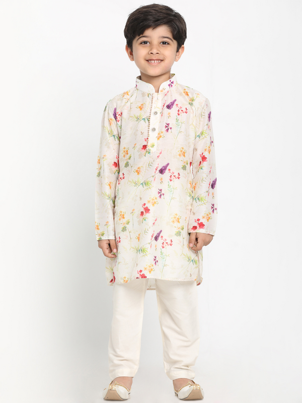 Jashvi Boy's Printed Cream Cotton Blend Kurta and Pyjama Set