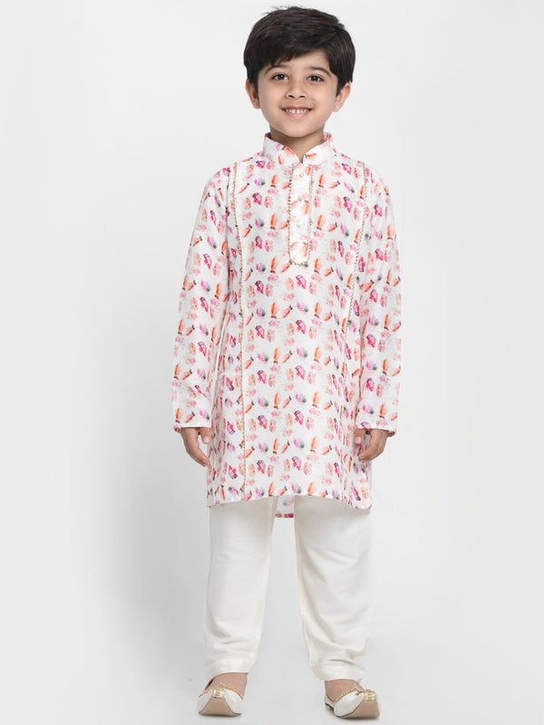 Jashvi Boy's  Multicolor-Base-White Cotton Blend Kurta and Pyjama Set