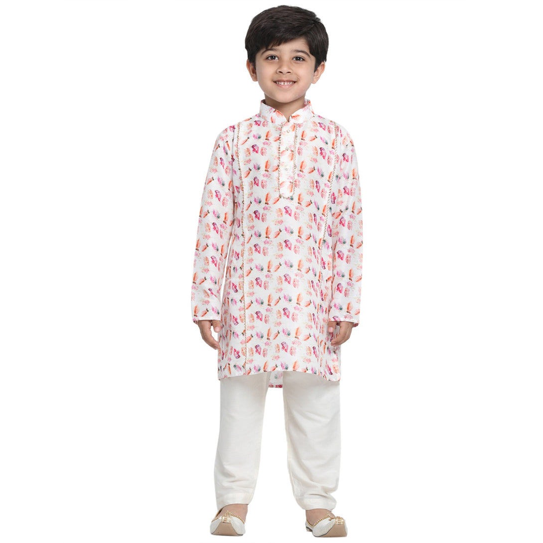 Boy's Multicolor-Base-White Cotton Blend Kurta Pyjama Set - JBN Creation