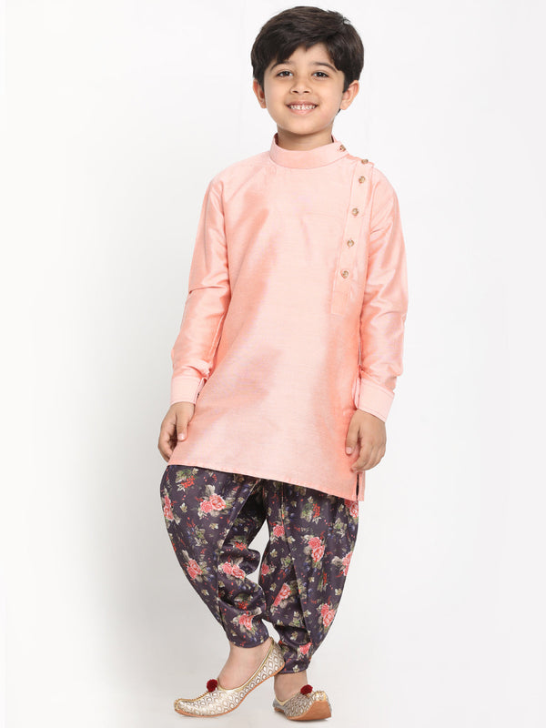 Jashvi Boy's Rose Pink Angrakha Kurta Floral Printed Dhoti Set