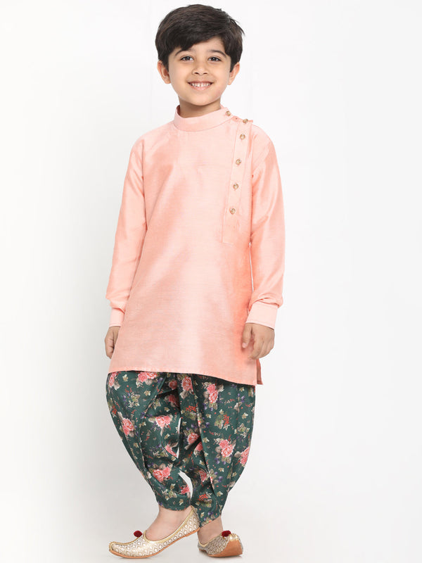 Jashvi Boy's Rose Pink Angrakha Kurta Floral Printed Dhoti Set