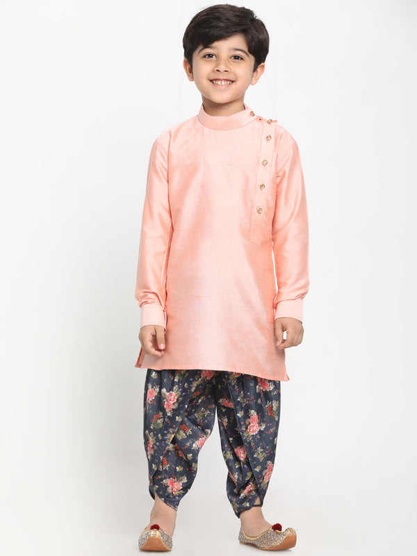 Jashvi Boy's Rose Pink Angrakha Kurta Floral Printed Dhoti Set