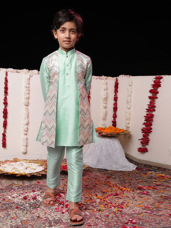 Jashvi Boys' Mint Green Flap Kurta Pyjama Set