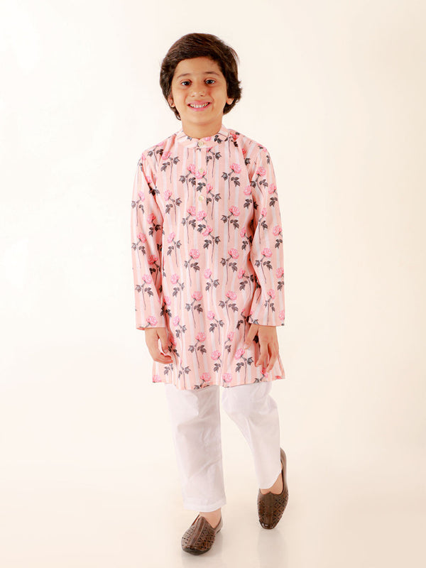 Jashvi Boys' Peach Floral Print Kurta And White Pyjama Set