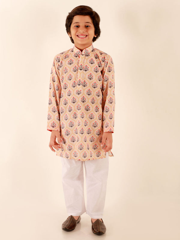 Jashvi Boys' Chiku Brown Floral Print Kurta And White Pyjama Set