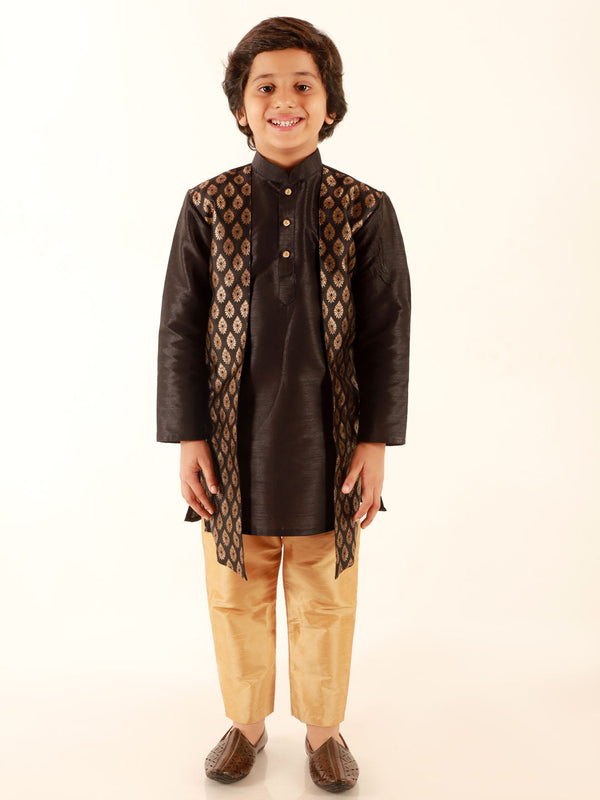 Jashvi Boys' Black Jacket Style Kurta And Rose Gold Pyjama Set