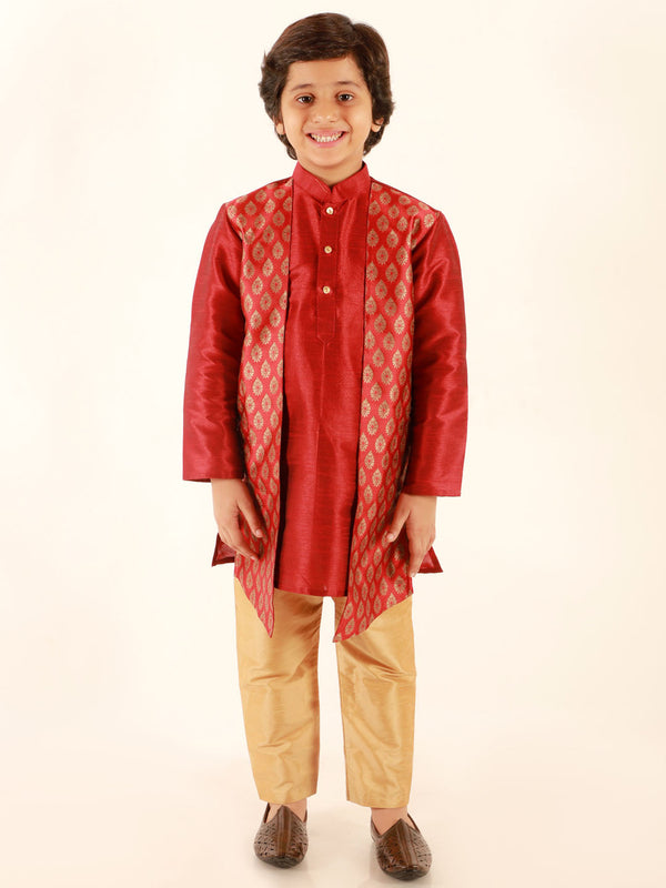 Jashvi Boys' Maroon Jacket Style Kurta And Rose Gold Pyjama Set