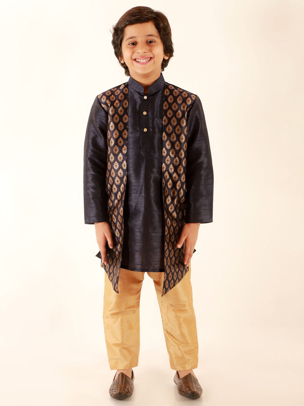 Jashvi Boys' Navy Blue Jacket Style Kurta And Rose Gold Pyjama Set