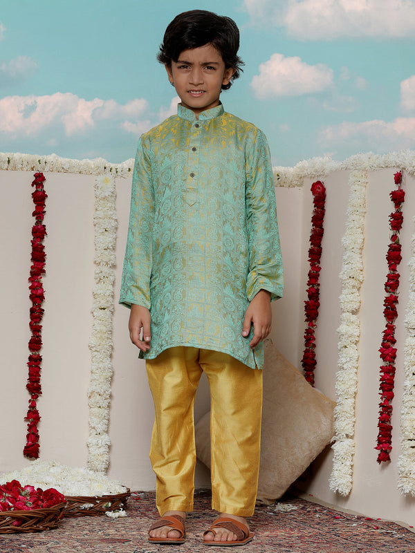 Jashvi Boys' Mustard And Green Jacquard Kurta Pyjama Set