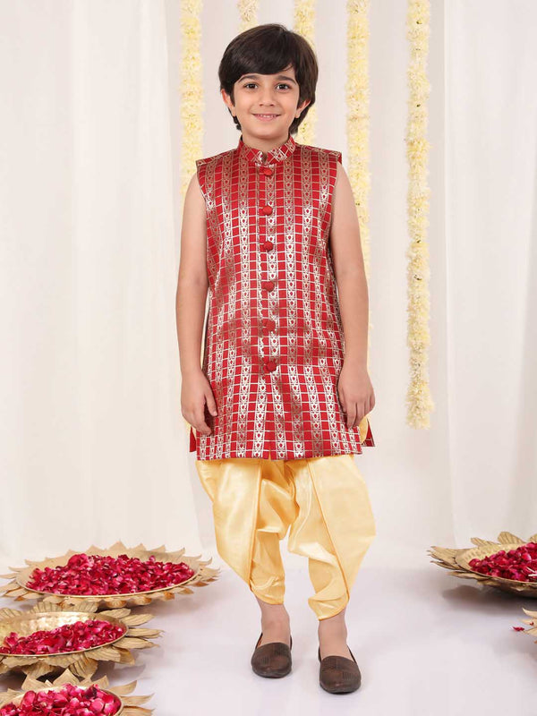 Jashvi Boys' Maroon Brocade Kurta Dhoti Set