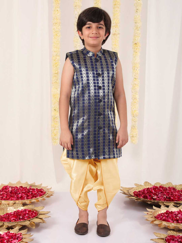 Jashvi Boys' Navy Blue Brocade Kurta Dhoti Set