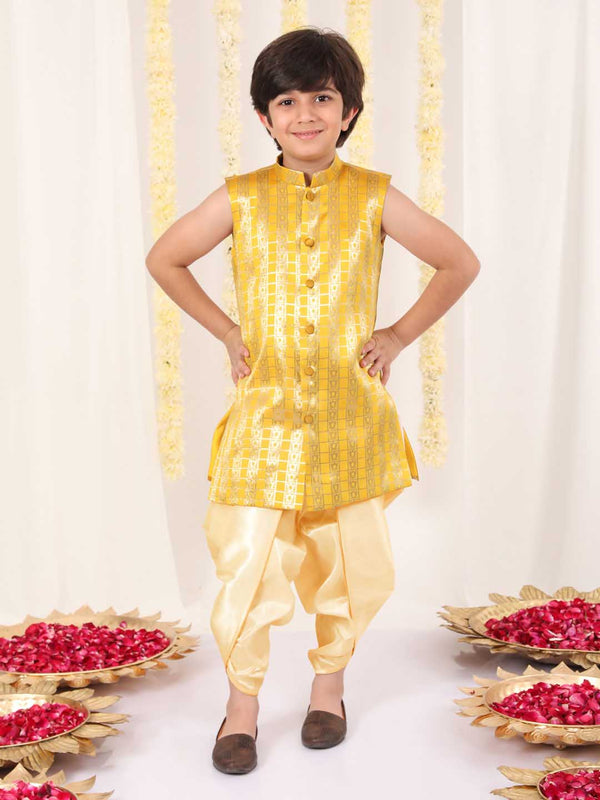 Jashvi Boys' Yellow Brocade Kurta Dhoti Set