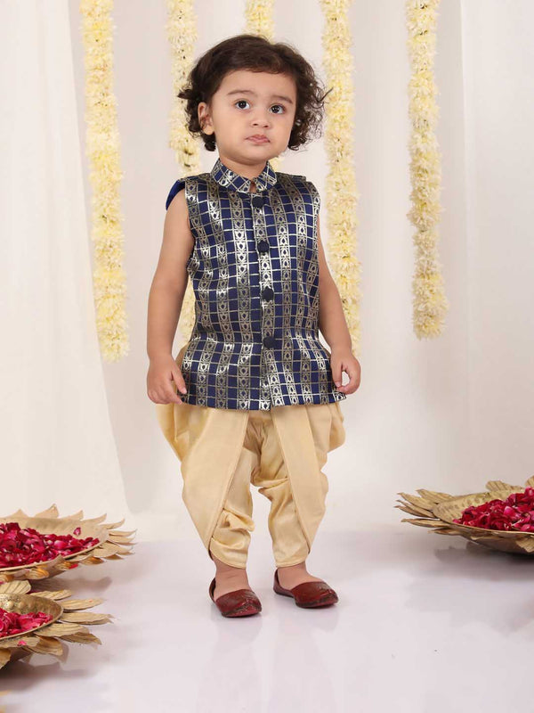 Jashvi Boys' Navy Blue Brocade Kurta Dhoti Set