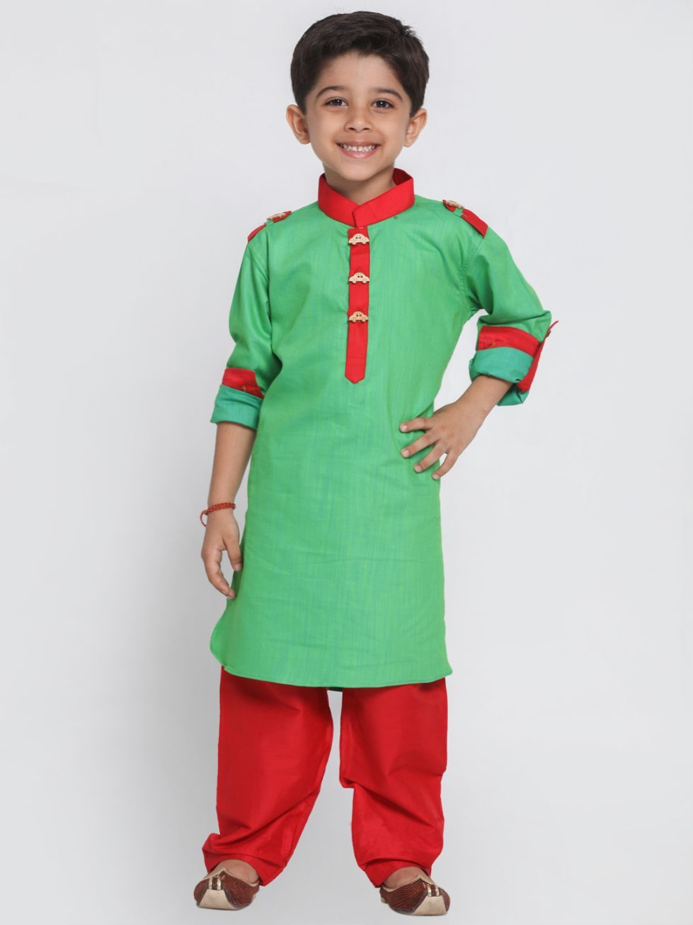 Boys' Green Cotton Pathani Suit Set