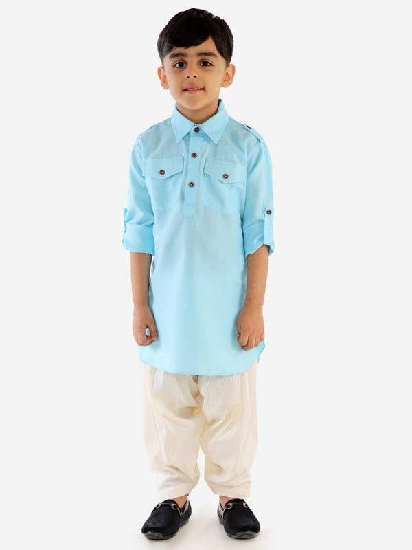 Jashvi Boy's Blue Cotton Blend Pathani Suit Set