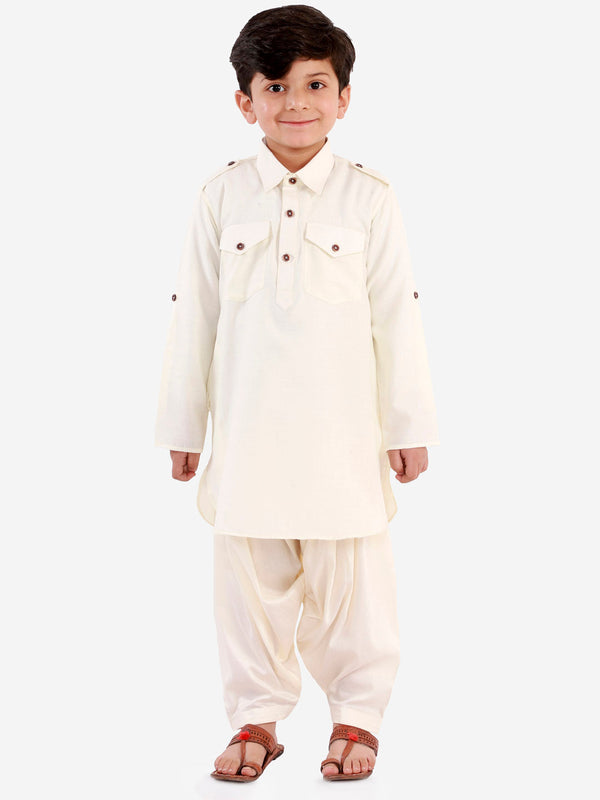 Jashvi Boys Cream Cotton Blend Pathani Suit Set