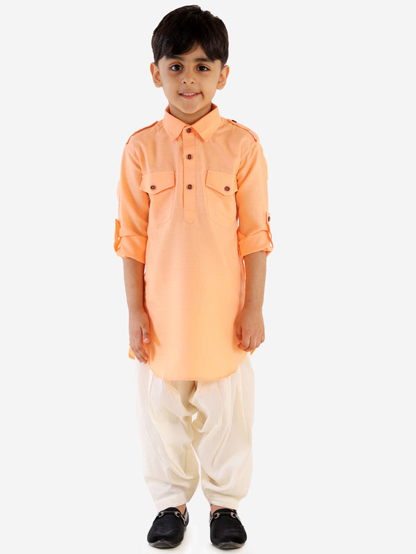 Jashvi Boys Peach Cotton Blend Pathani Suit Set