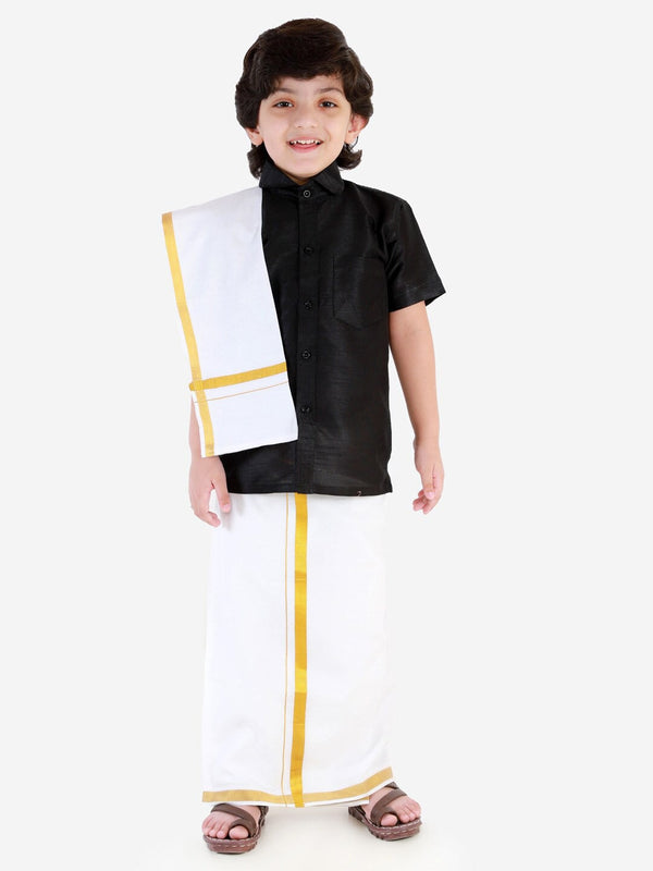 Jashvi Boys Black & White Silk Blend Shirt Mundu and Dupatta