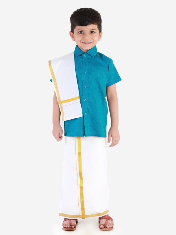 Jashvi Boys' Azure Blue Cotton Short Sleeves Ethnic Shirt Mundu Vesty Style Dhoti Pant Set