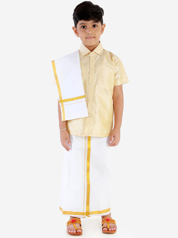 Jashvi Boys' Parmesan Silk Short Sleeves Ethnic Shirt Mundu Vesty Style Dhoti Pant Set