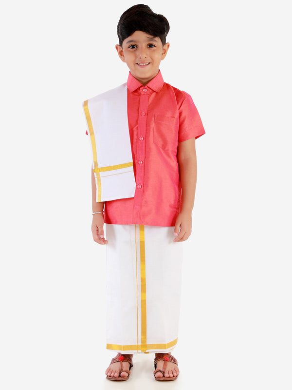 Jashvi Boys' Candy Red Silk Short Sleeves Ethnic Shirt Mundu Vesty Style Dhoti Pant Set