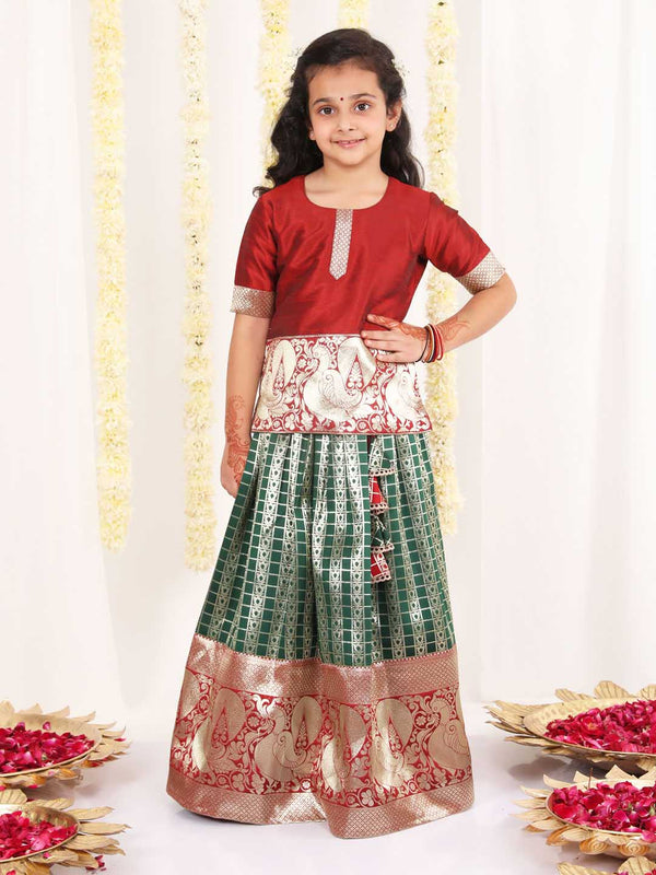 Jashvi Girl's Maroon And Green Pavda Pattu Lehenga Choli Set