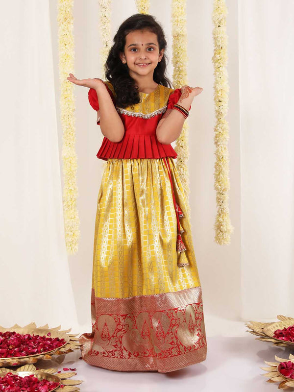 Jashvi Girl's Yellow Pavda Pattu Lehenga Choli Set