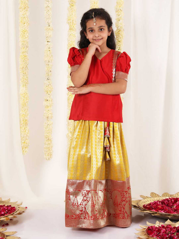 Jashvi Girl's Yellow And Maroon Pavda Pattu Lehenga Choli Set