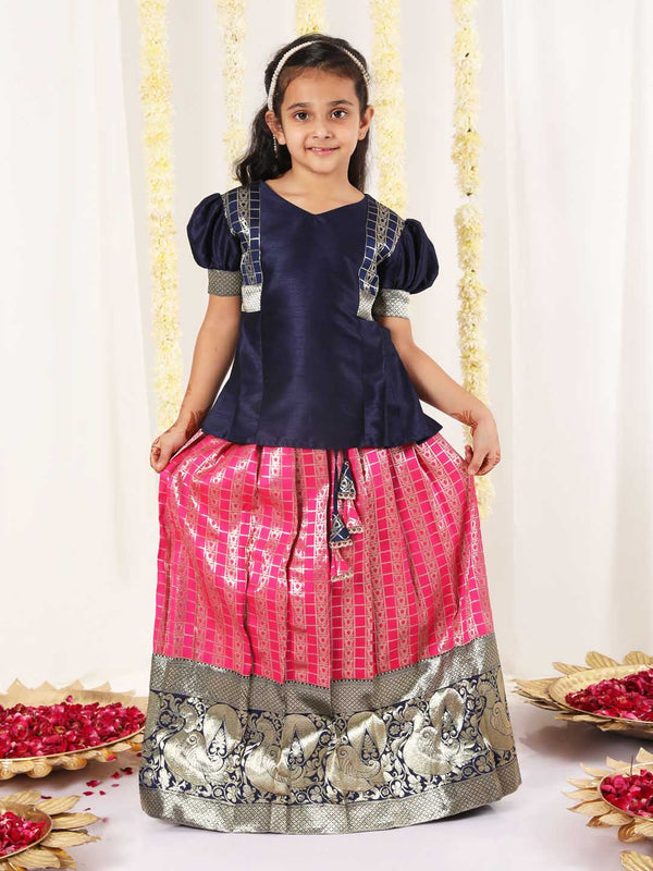 Jashvi Girl's Blue And Pink Pavda Pattu Lehenga Choli Set