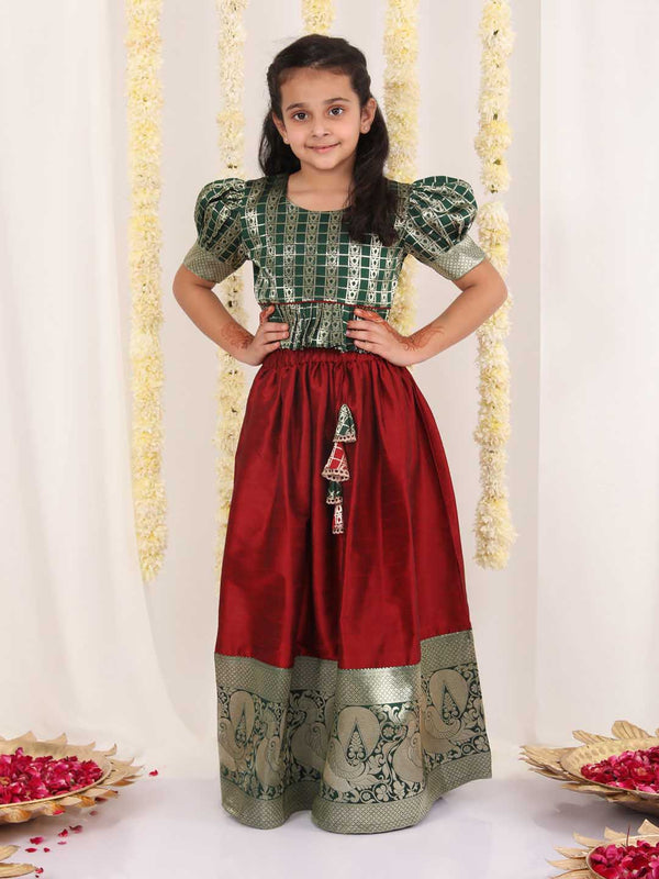 Jashvi Girl's Green And Maroon Pavda Pattu Lehenga Choli Set