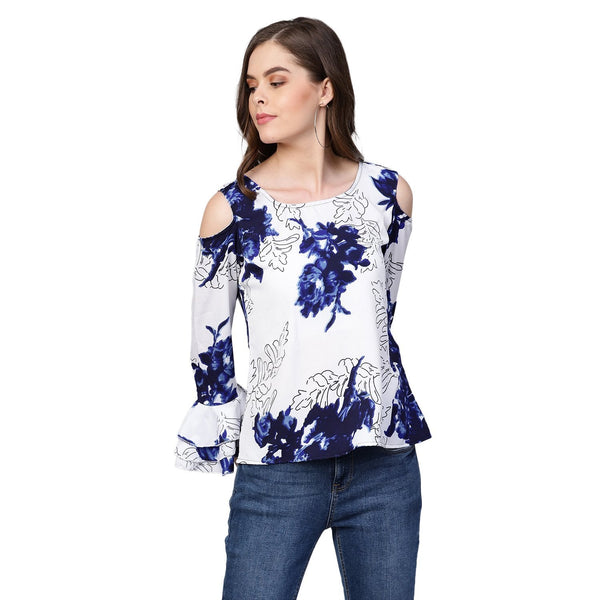 Women's White Printed Bell Sleeve Round Neck Crepe Casual Top - Myshka