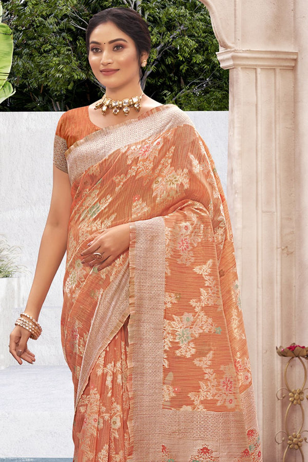 Women's Orange Cotton Silk Woven Zari Work Traditional Saree - Sangam Prints